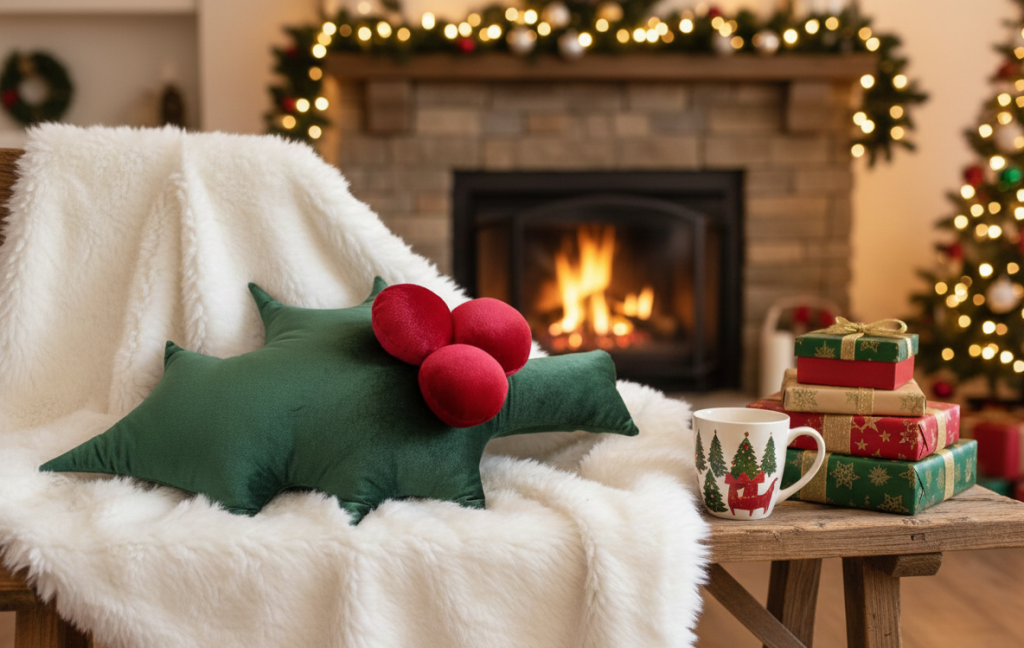 Coussin Feuille de Houx – Un Petit Bijou pour Vos Fêtes
